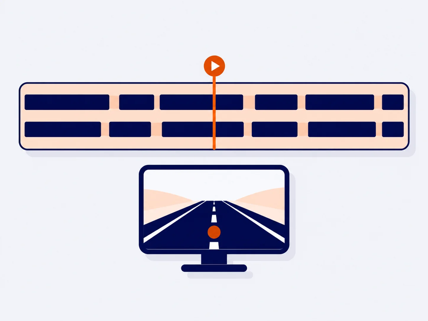 Ilustración: barra del día con los tramos grabados de dos canales y el cursor de reproducción sobre el vídeo de la carretera