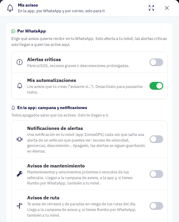 Pantalla «Mis avisos» con los interruptores de los avisos por WhatsApp y de las notificaciones en la app