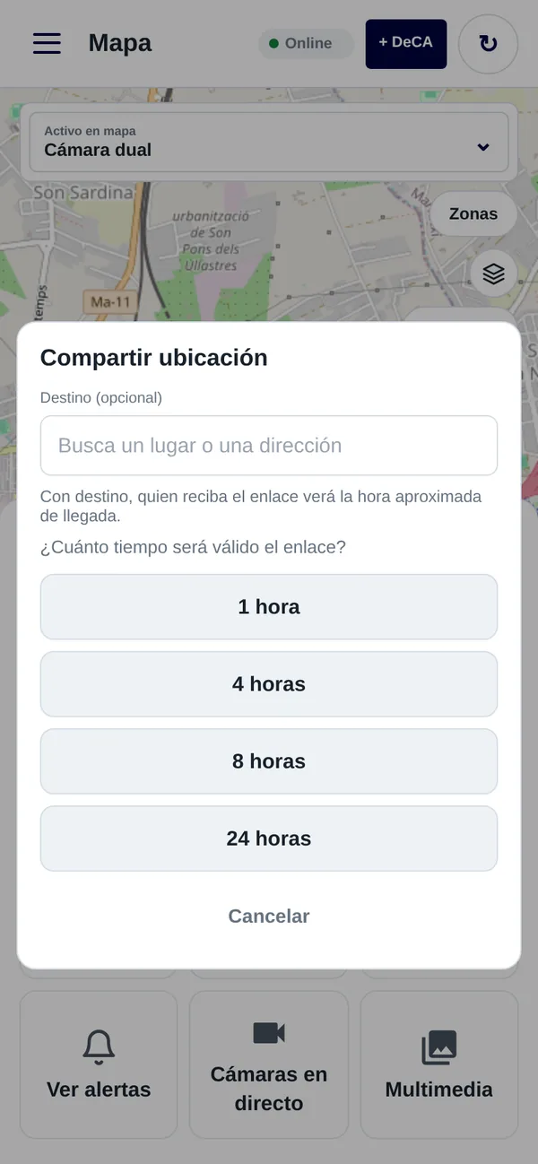 Compartir ubicación en la app ZonnaGPS: destino opcional para mostrar la hora aproximada de llegada y validez del enlace de 1, 4, 8 o 24 horas