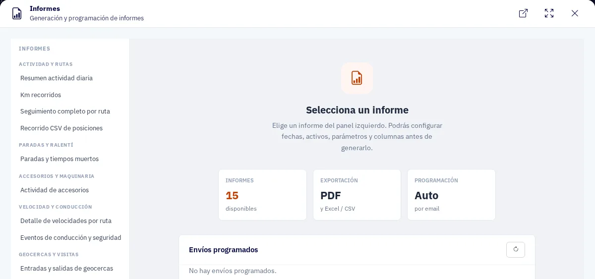 Apartado de Informes de ZonnaGPS con el catálogo por categorías, 15 informes disponibles y exportación a PDF, Excel y CSV