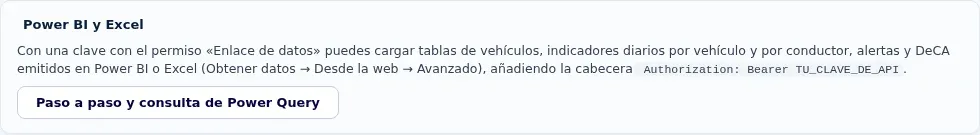 Apartado Power BI y Excel de ZonnaGPS: tablas de vehículos, indicadores, alertas y DeCA con una clave de enlace de datos