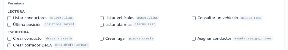 Permisos de una clave de API en ZonnaGPS: lectura de conductores, vehículos, posiciones y alarmas, y escritura de conductores, lugares y borradores de DeCA