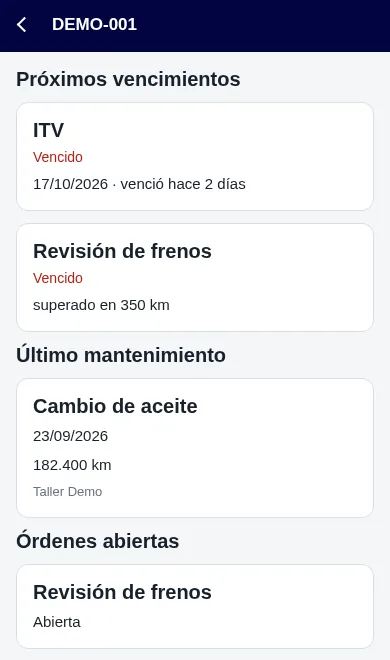 Maintenance record for a vehicle in the app: next items due by date and by km, last service with its km and open orders