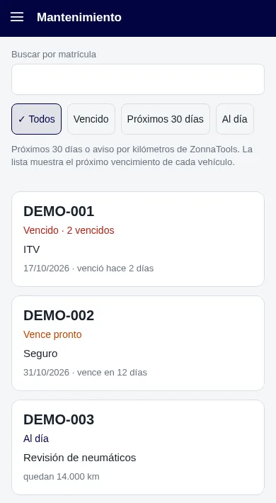 Mantenimientos en la app ZonnaGPS: lista de vehículos con su próximo vencimiento (ITV, seguro, revisión de neumáticos) y estado vencido, vence pronto o al día