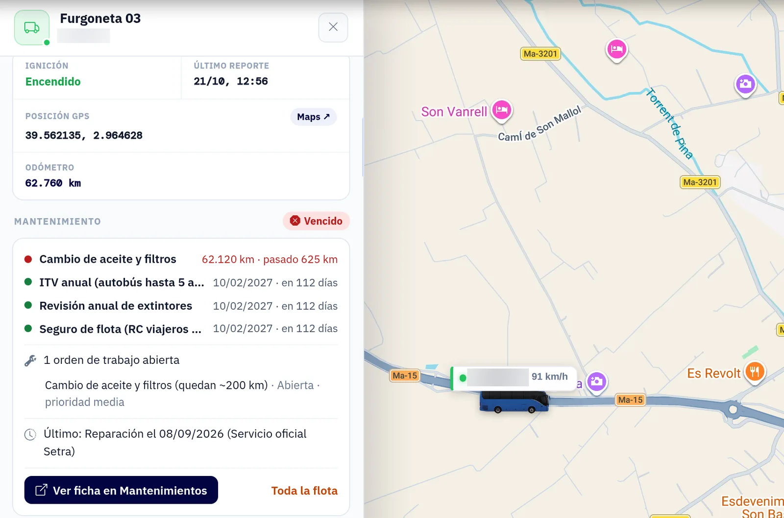 Vehicle record on the ZonnaGPS map with the overdue maintenance notice, its next items due by km and by date, and the open work order